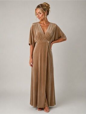 NWT Urban Outfitters WYLDR Velvet V-Neck Maxi Dress Sand Sable Size L